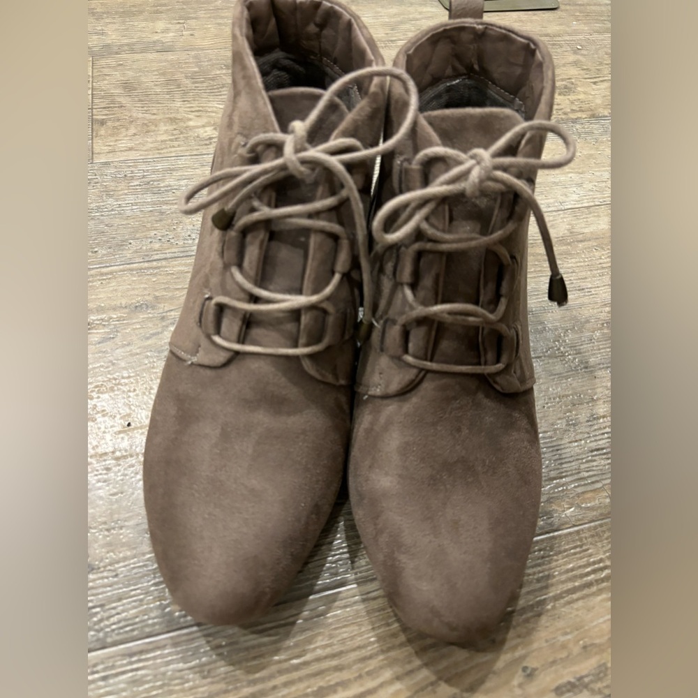 Women’s tan wedge lace up booties